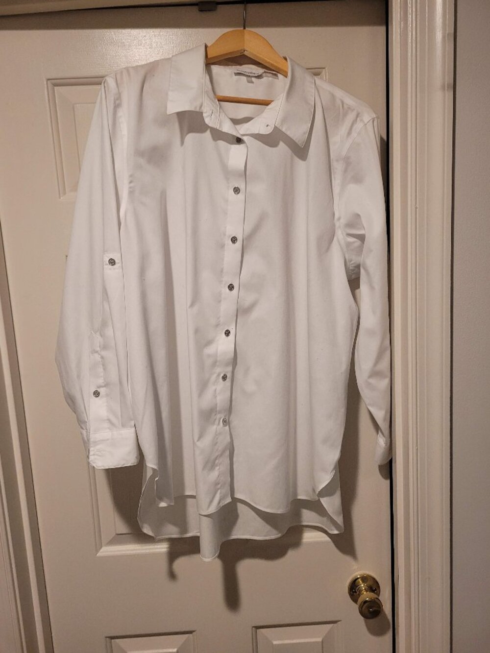 Calvin Klein White Button Down Shirt Roll Tab Sleeve High Low Hem 100% Cotton
